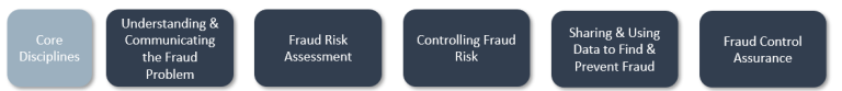 The core disciplines of the Counter-fraud Practitioner Training are: understanding and communicating the fraud problem, fraud risk assessment, controlling fraud risk, sharing and using data to find and prevent fraud, and fraud control assurance.