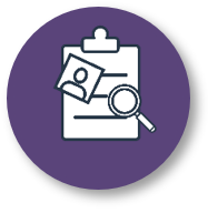 Checklist, persons headshot and magnifying glass in purple circle