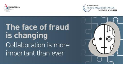 Half human and half android face next to the words, ‘The face of fraud is changing: Collaboration is more important than ever’